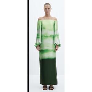 Mango Ombre Green Off Shoulder Maxi Dress Long Sleeve Chiffon Size S